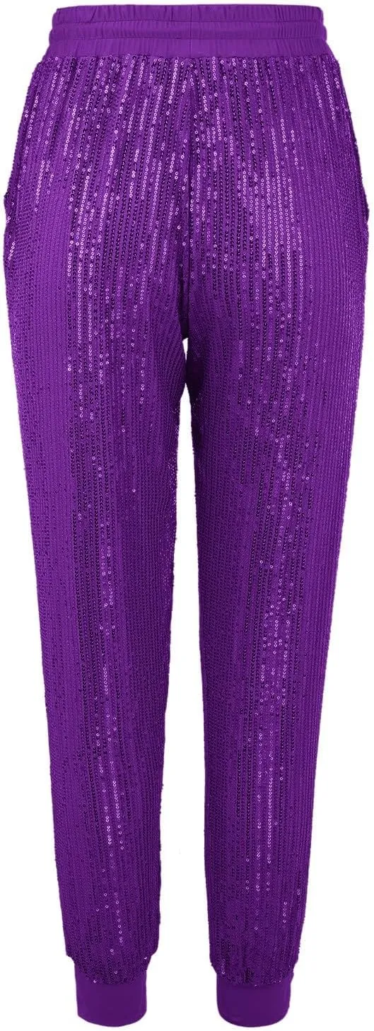 Womens Sequin Jogging Pants High Waist Drawstring Sweatpants Elastic Waist Loose Fit Shimmer Trousers with Pockets