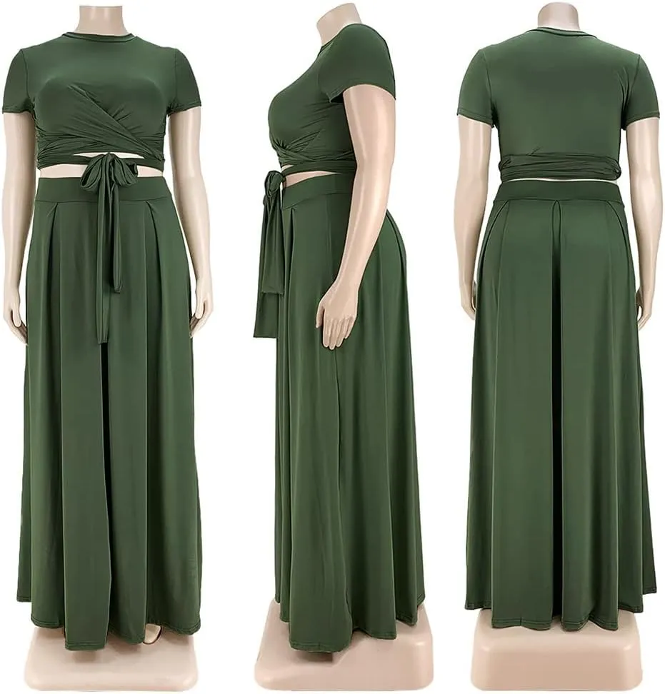 Womens Sexy Plus Size 2 Piece Dress Outfits Short Sleeve Bandage Wrap Empire Crop Tops and Skirt Sets