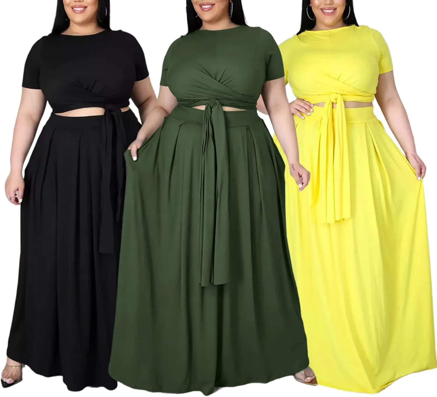 Womens Sexy Plus Size 2 Piece Dress Outfits Short Sleeve Bandage Wrap Empire Crop Tops and Skirt Sets
