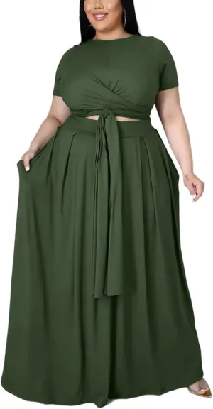Womens Sexy Plus Size 2 Piece Dress Outfits Short Sleeve Bandage Wrap Empire Crop Tops and Skirt Sets