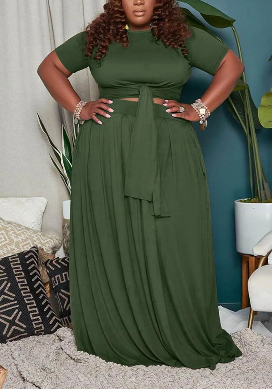 Womens Sexy Plus Size 2 Piece Dress Outfits Short Sleeve Bandage Wrap Empire Crop Tops and Skirt Sets