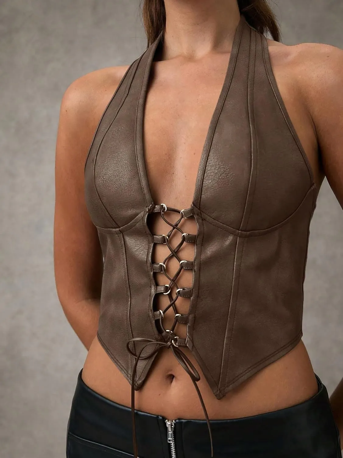Womens Sleeveless Camisole Tank Tops Blouse Solid Color Halter Backless Lace Up Sexy Camisole Top