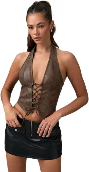 Womens Sleeveless Camisole Tank Tops Blouse Solid Color Halter Backless Lace Up Sexy Camisole Top