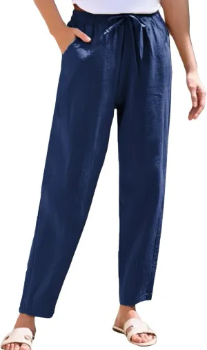 Women's Straight Leg Pants Elastic Drawstring Casual Trousers with Pockets Summer Beach Lounge Pants