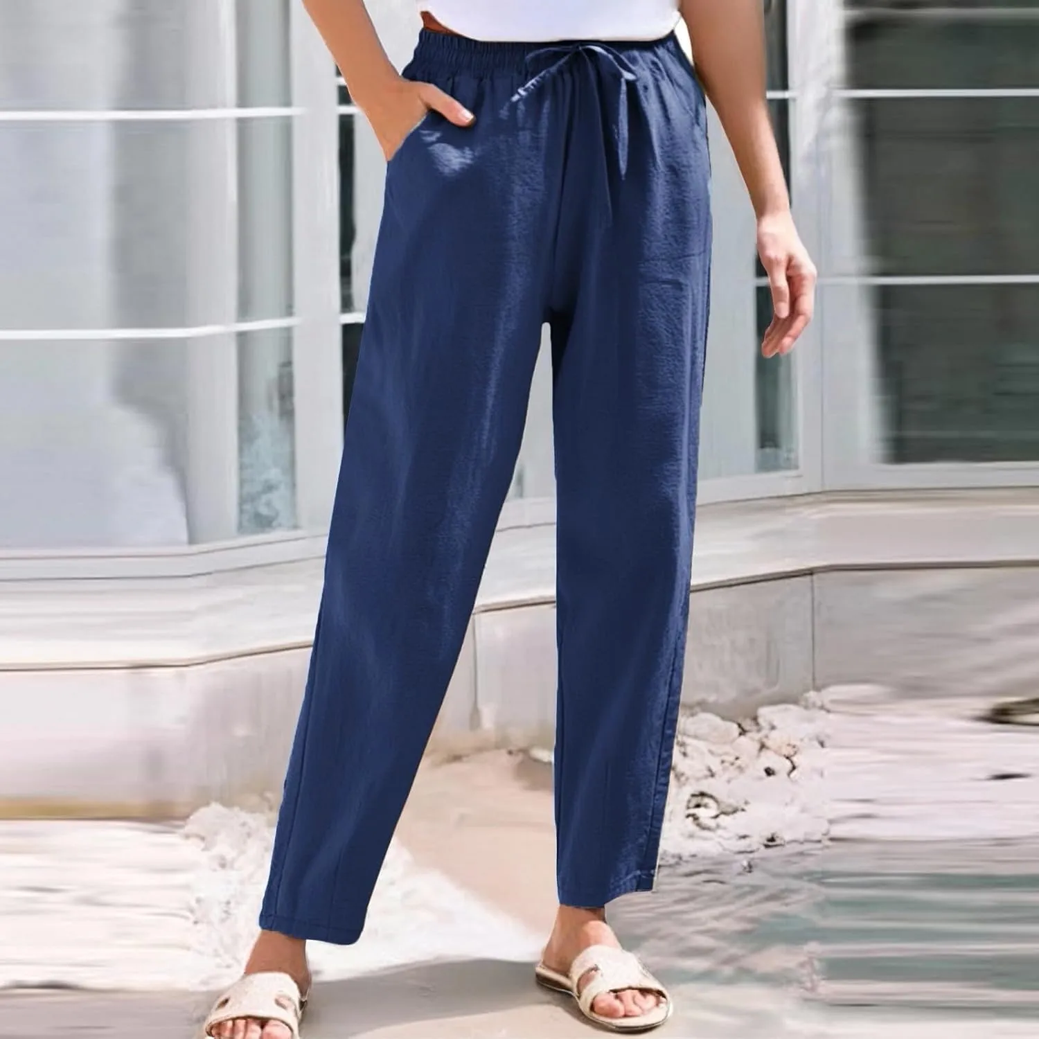 Women's Straight Leg Pants Elastic Drawstring Casual Trousers with Pockets Summer Beach Lounge Pants