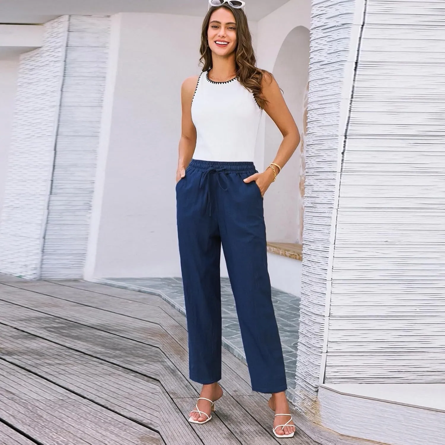 Women's Straight Leg Pants Elastic Drawstring Casual Trousers with Pockets Summer Beach Lounge Pants