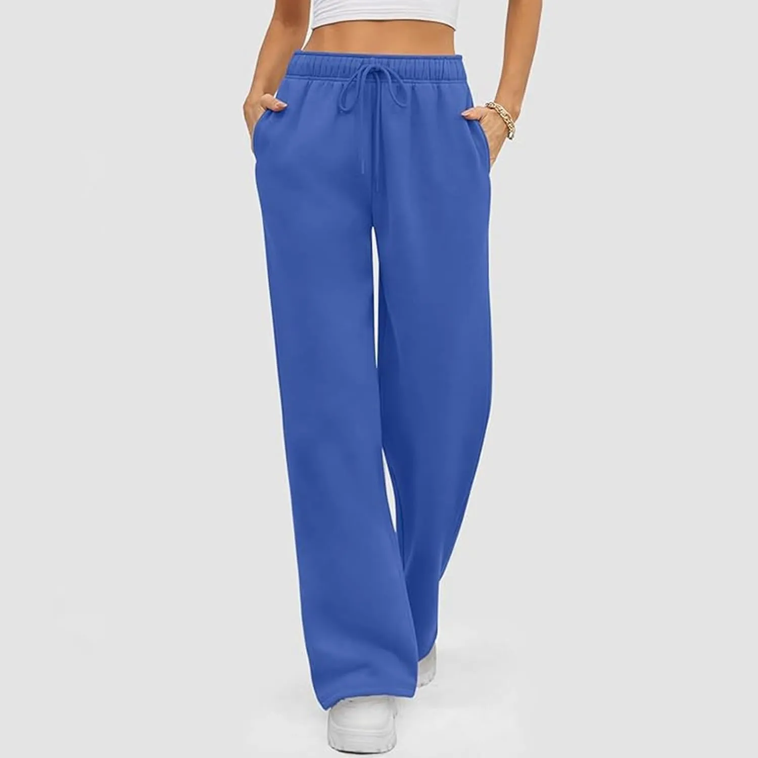 Women's Summer Casual Pants High Waist Drawstring Wide Straight Leg Sport Pants Loose Workout Trousers with Pockets