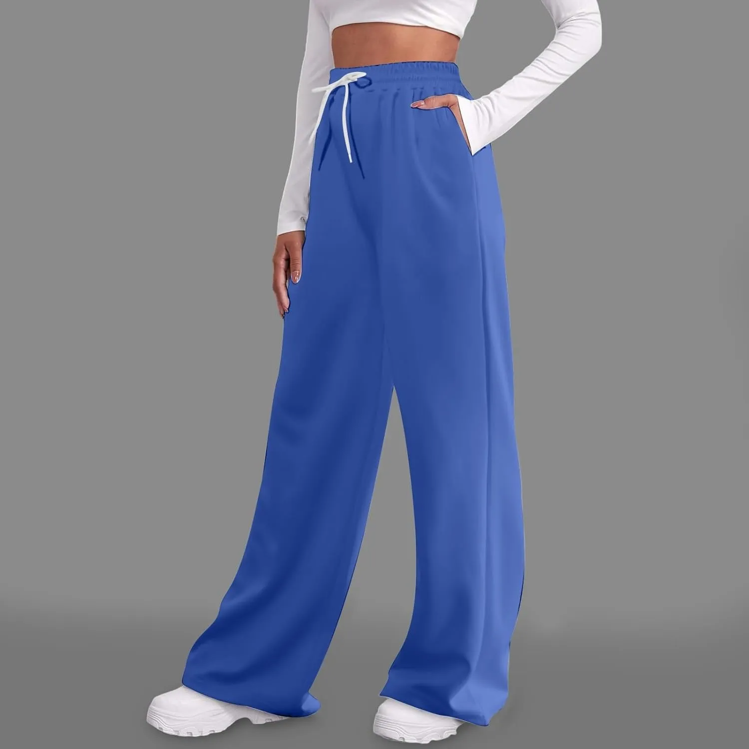 Women's Summer Casual Pants High Waist Drawstring Wide Straight Leg Sport Pants Loose Workout Trousers with Pockets