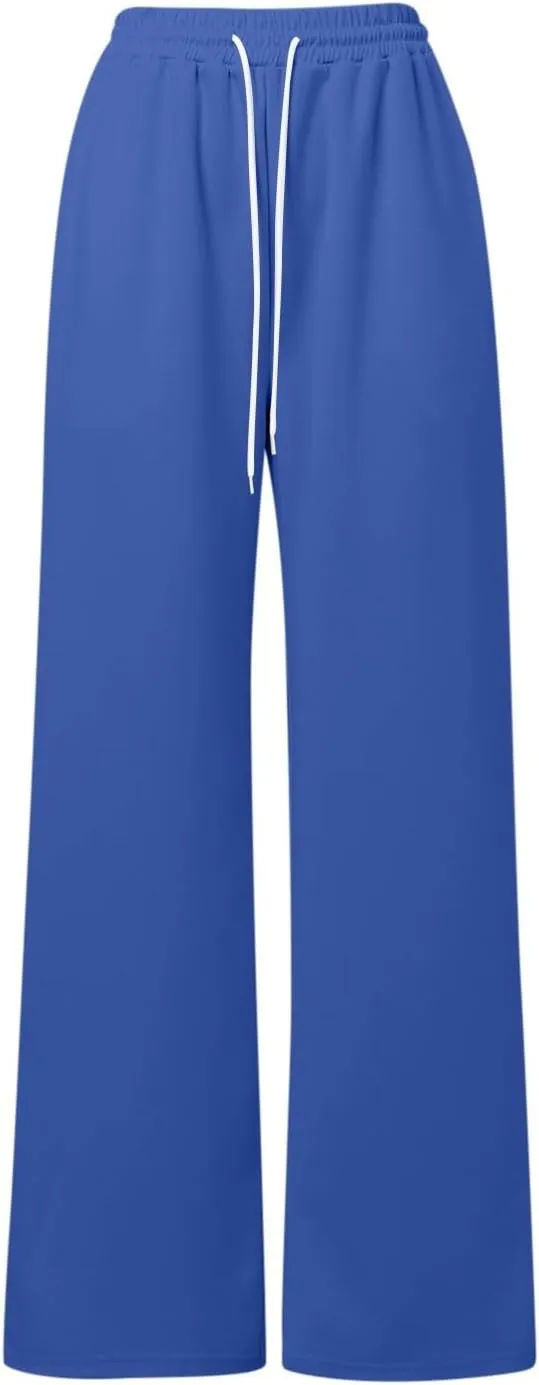Women's Summer Casual Pants High Waist Drawstring Wide Straight Leg Sport Pants Loose Workout Trousers with Pockets