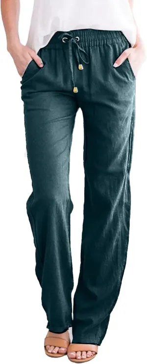 Womens Summer Fashion Linen Cotton Pants Solid Casual High Waist Loose Fit Drawstring Trousers with Pockets