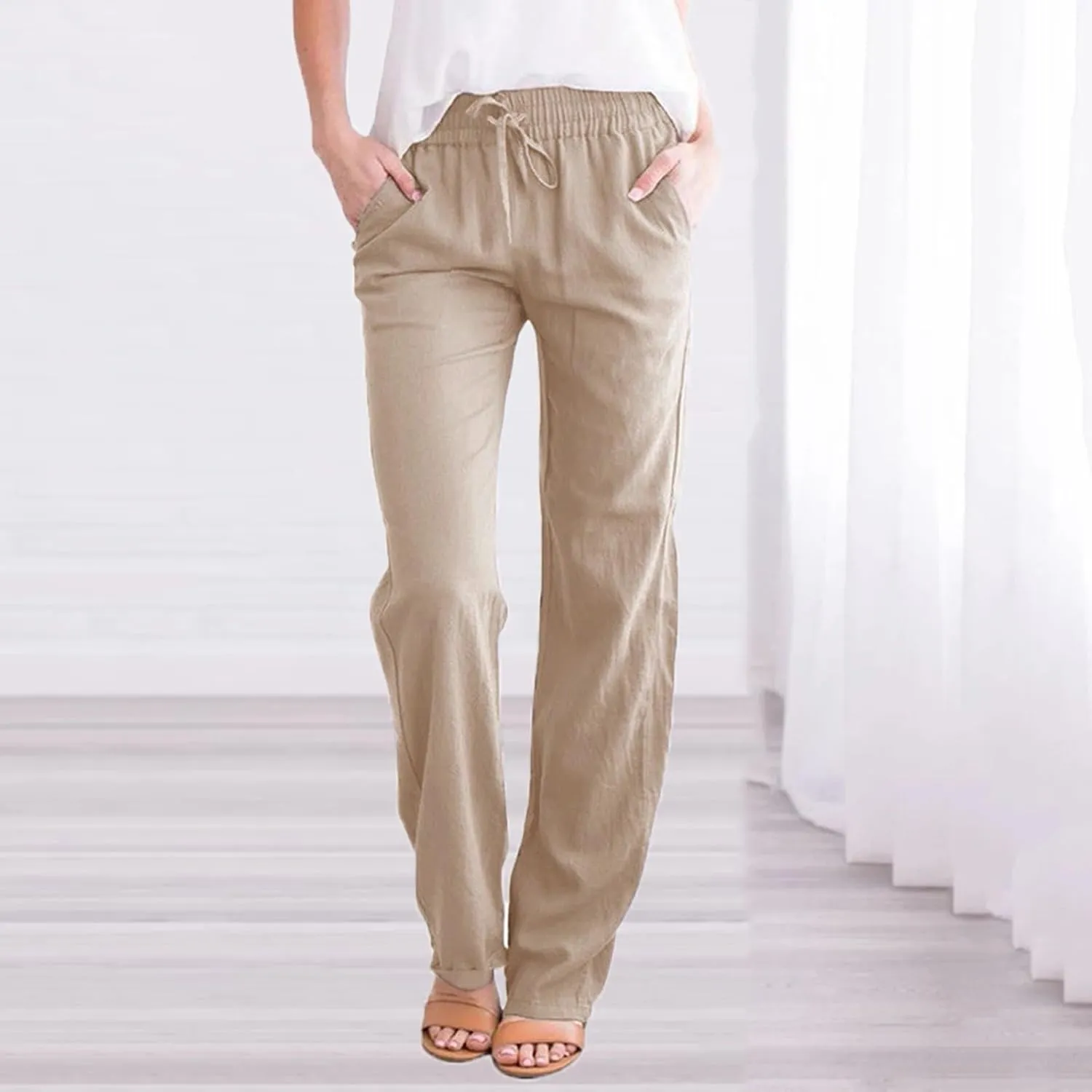Womens Summer Fashion Linen Cotton Pants Solid Casual High Waist Loose Fit Drawstring Trousers with Pockets