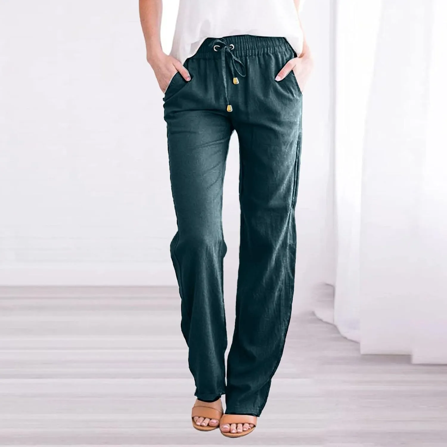 Womens Summer Fashion Linen Cotton Pants Solid Casual High Waist Loose Fit Drawstring Trousers with Pockets
