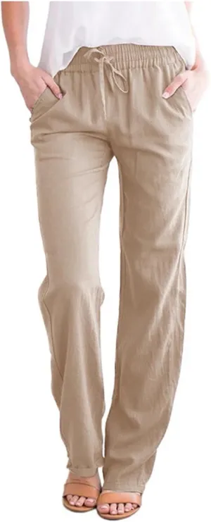 Womens Summer Fashion Linen Cotton Pants Solid Casual High Waist Loose Fit Drawstring Trousers with Pockets