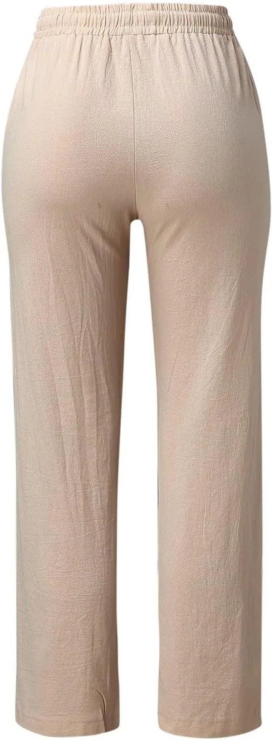 Womens Summer Fashion Linen Cotton Pants Solid Casual High Waist Loose Fit Drawstring Trousers with Pockets