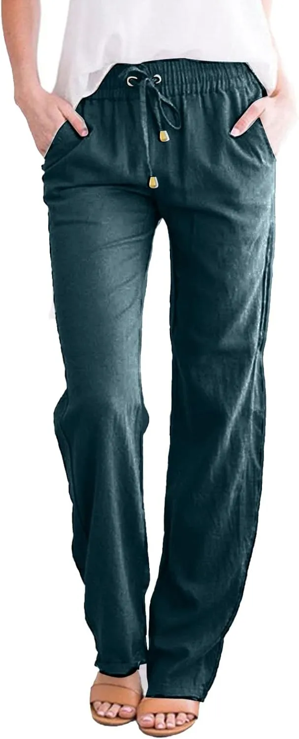 Womens Summer Fashion Linen Cotton Pants Solid Casual High Waist Loose Fit Drawstring Trousers with Pockets