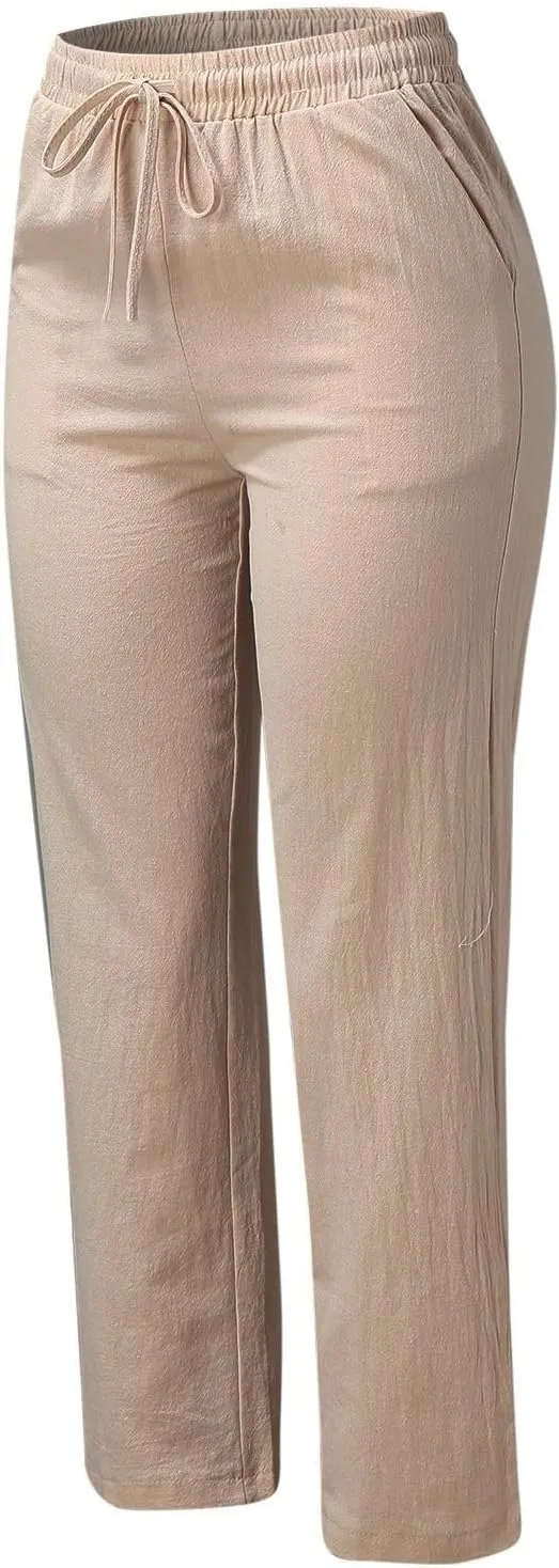Womens Summer Fashion Linen Cotton Pants Solid Casual High Waist Loose Fit Drawstring Trousers with Pockets