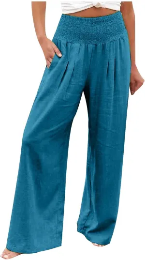 Women's Summer High Waisted Cotton Linen Palazzo Pants Wide Leg Long Lounge Pant Trousers Joggers Slacks with Pockets