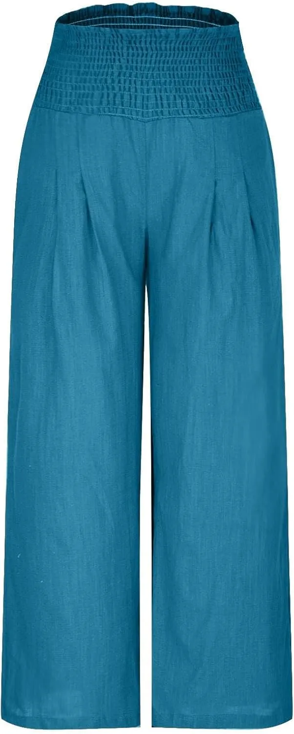 Women's Summer High Waisted Cotton Linen Palazzo Pants Wide Leg Long Lounge Pant Trousers Joggers Slacks with Pockets