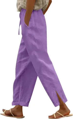 Women's Summer Long Solid Color Cotton Linen Straight Leg Loose Casual Pants Pants with Pockets Summer