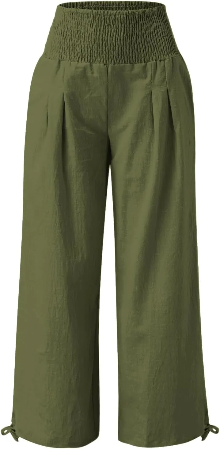 Womens Wide Leg Casual Pants Elastic Pleated Waist High Waisted Joggers Pant Loose Solid Color Trousers with Pocket