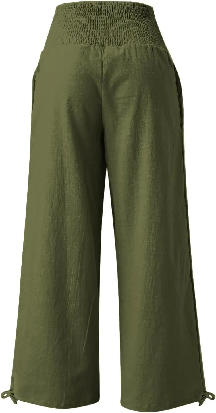 Womens Wide Leg Casual Pants Elastic Pleated Waist High Waisted Joggers Pant Loose Solid Color Trousers with Pocket