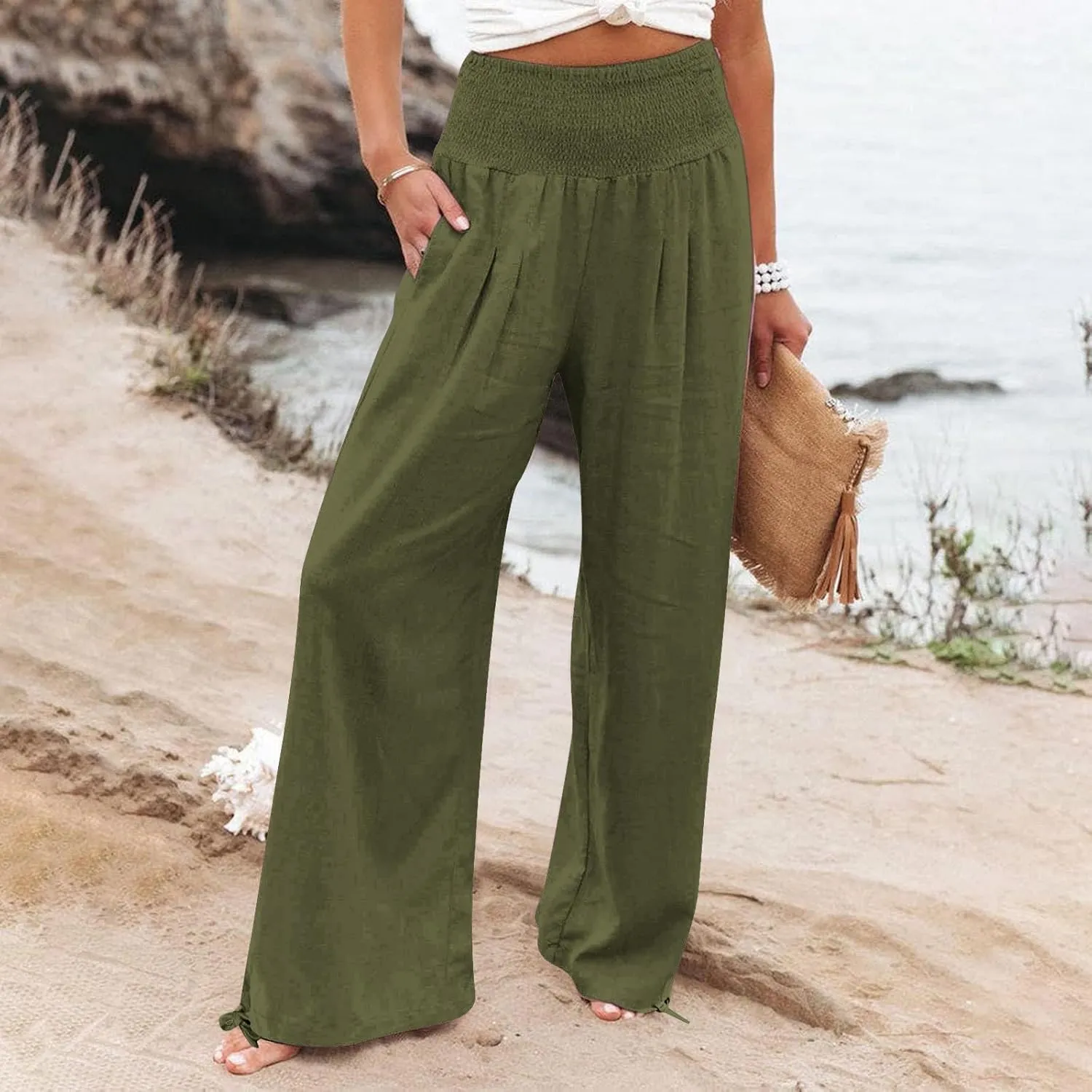Womens Wide Leg Casual Pants Elastic Pleated Waist High Waisted Joggers Pant Loose Solid Color Trousers with Pocket