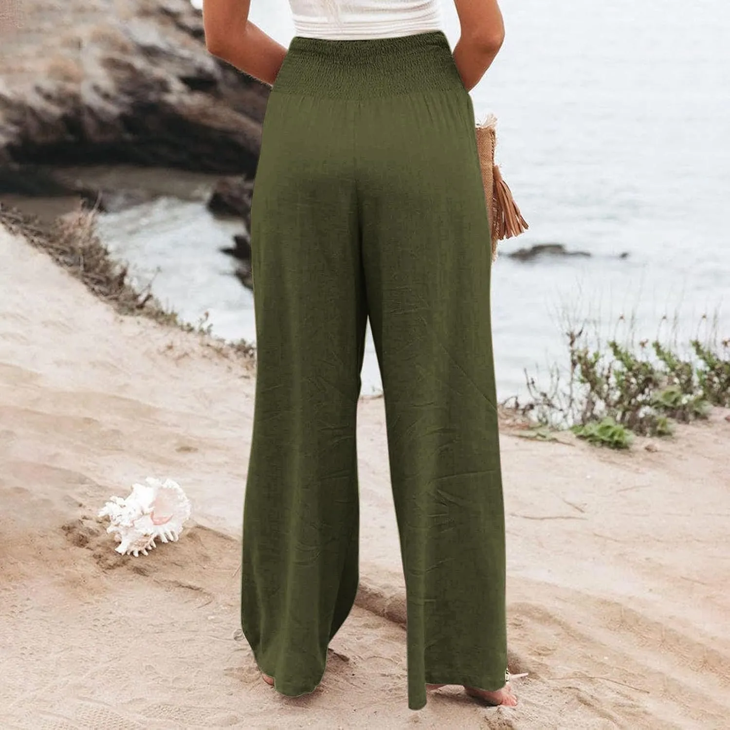 Womens Wide Leg Casual Pants Elastic Pleated Waist High Waisted Joggers Pant Loose Solid Color Trousers with Pocket