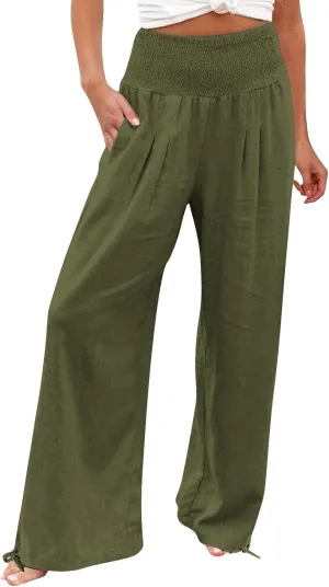 Womens Wide Leg Casual Pants Elastic Pleated Waist High Waisted Joggers Pant Loose Solid Color Trousers with Pocket