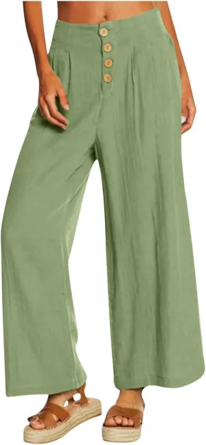 Women's Wide Leg Casual Pants Summer High Waisted Cotton Linen Palazzo Trousers Long Pants with Pocket