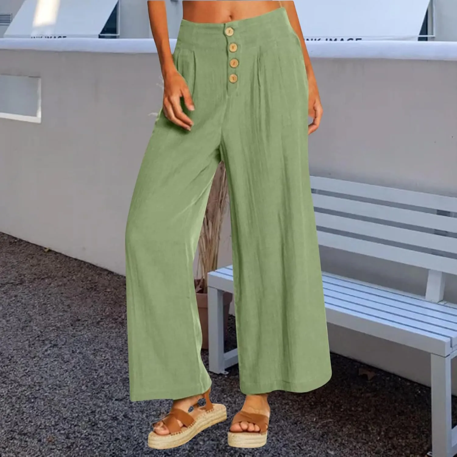 Women's Wide Leg Casual Pants Summer High Waisted Cotton Linen Palazzo Trousers Long Pants with Pocket