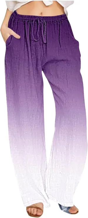 Womens Wide Leg Linen Pants Summer Palazzo Trousers Flowy Elastic High Waisted Pants Casual Beach Vacation Clothes
