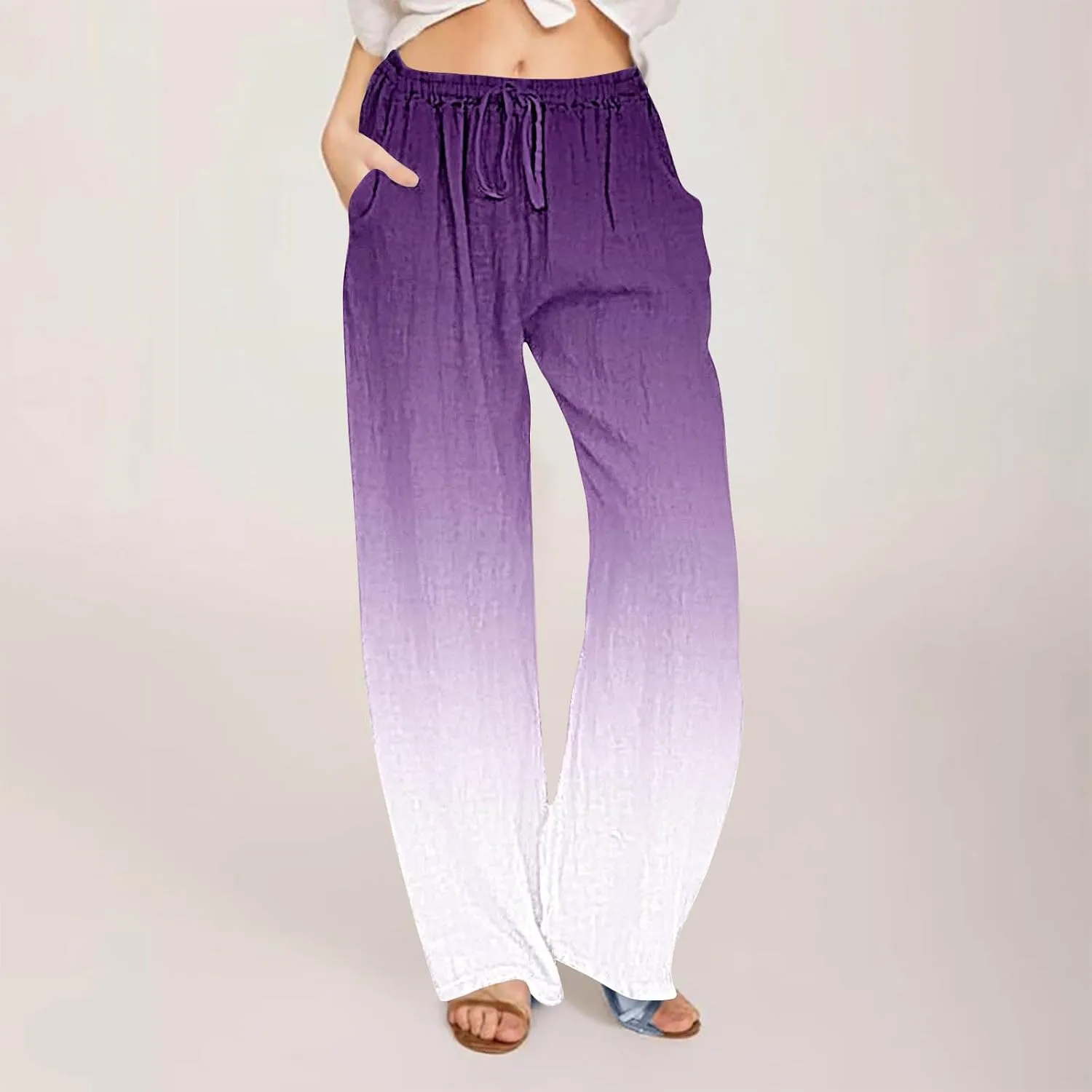 Womens Wide Leg Linen Pants Summer Palazzo Trousers Flowy Elastic High Waisted Pants Casual Beach Vacation Clothes