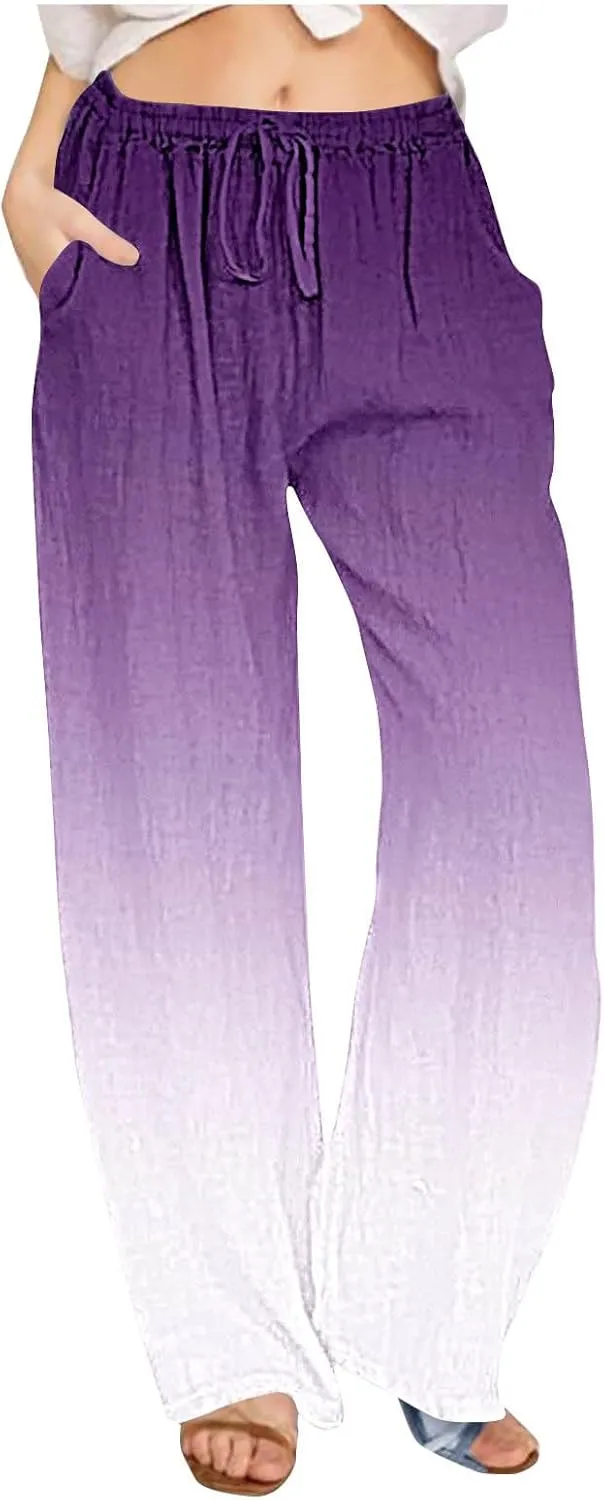 Womens Wide Leg Linen Pants Summer Palazzo Trousers Flowy Elastic High Waisted Pants Casual Beach Vacation Clothes