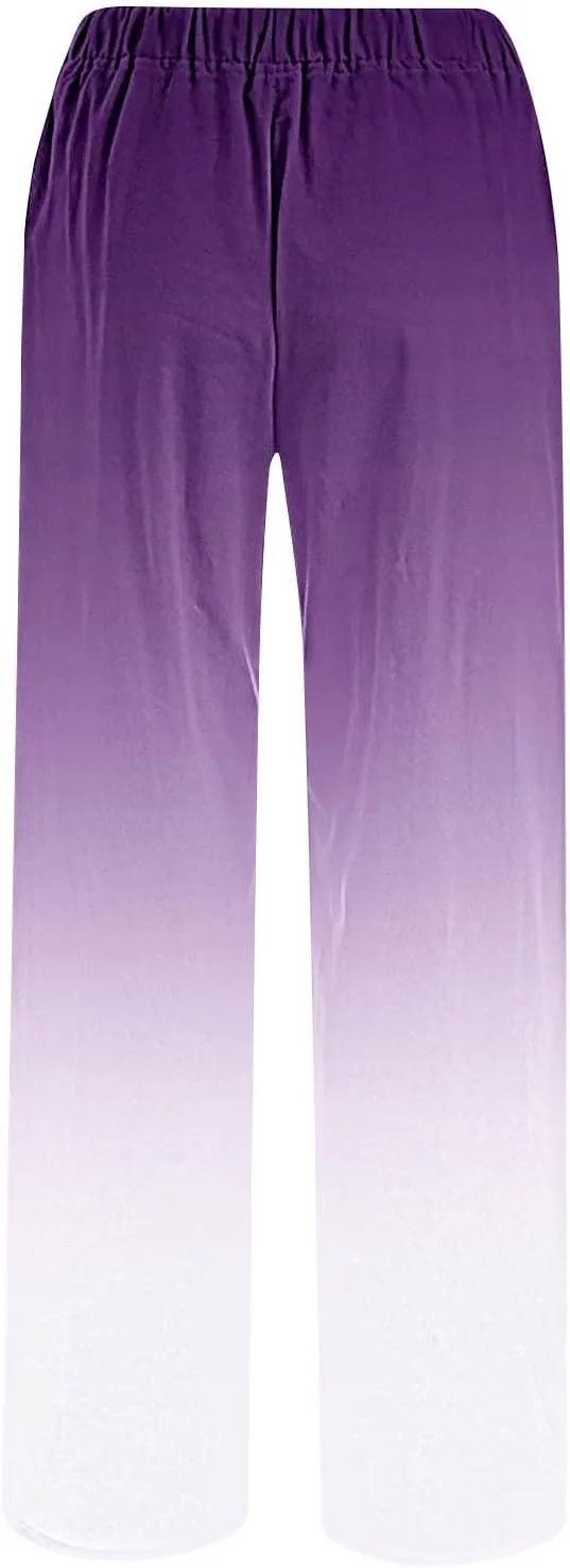 Womens Wide Leg Linen Pants Summer Palazzo Trousers Flowy Elastic High Waisted Pants Casual Beach Vacation Clothes