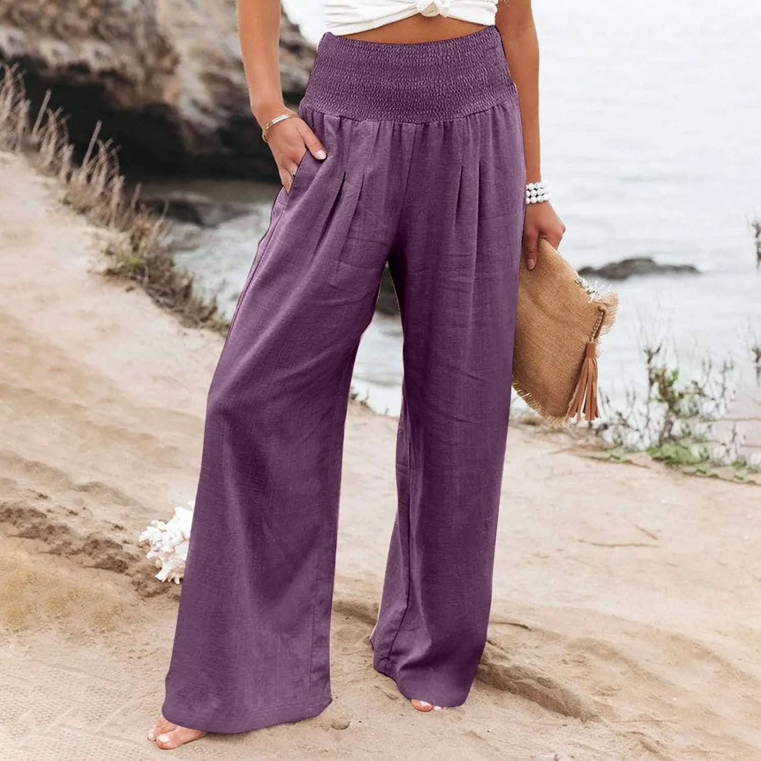 Womens Wide Leg Palazzo Pants Linen Pants 2024 Summer High Waisted Flowy Trousers Casual Lounge Pant with Pockets