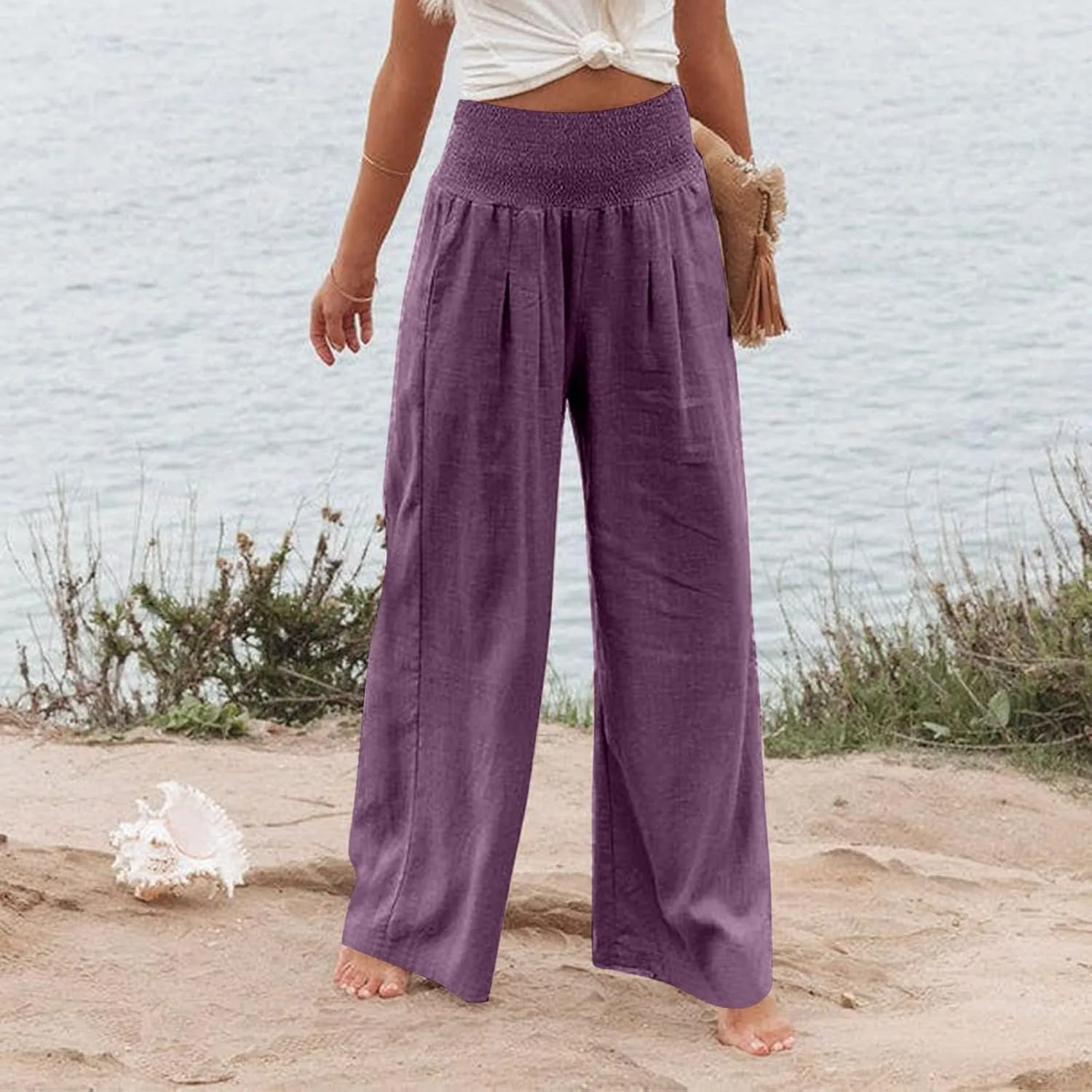 Womens Wide Leg Palazzo Pants Linen Pants 2024 Summer High Waisted Flowy Trousers Casual Lounge Pant with Pockets