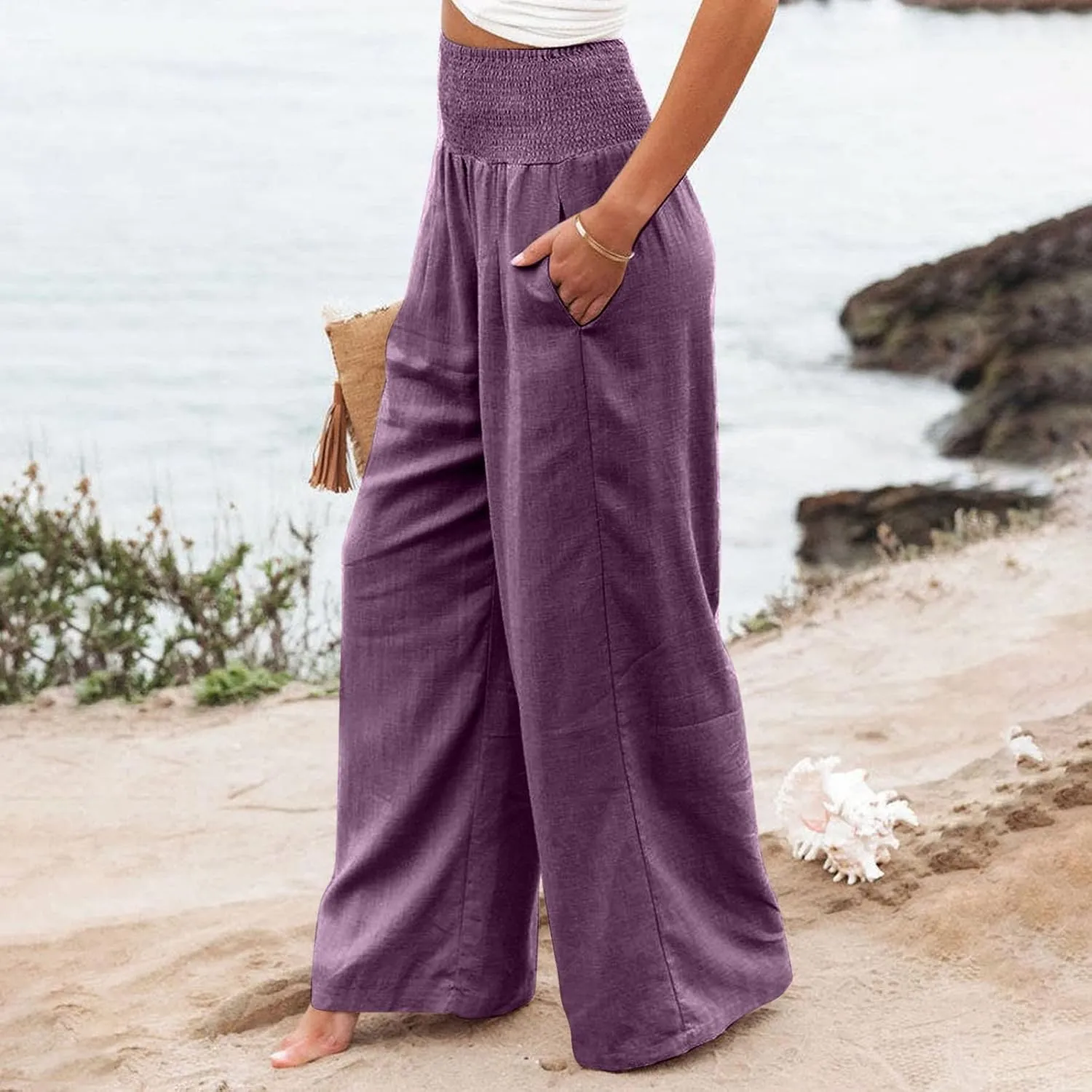 Womens Wide Leg Palazzo Pants Linen Pants 2024 Summer High Waisted Flowy Trousers Casual Lounge Pant with Pockets