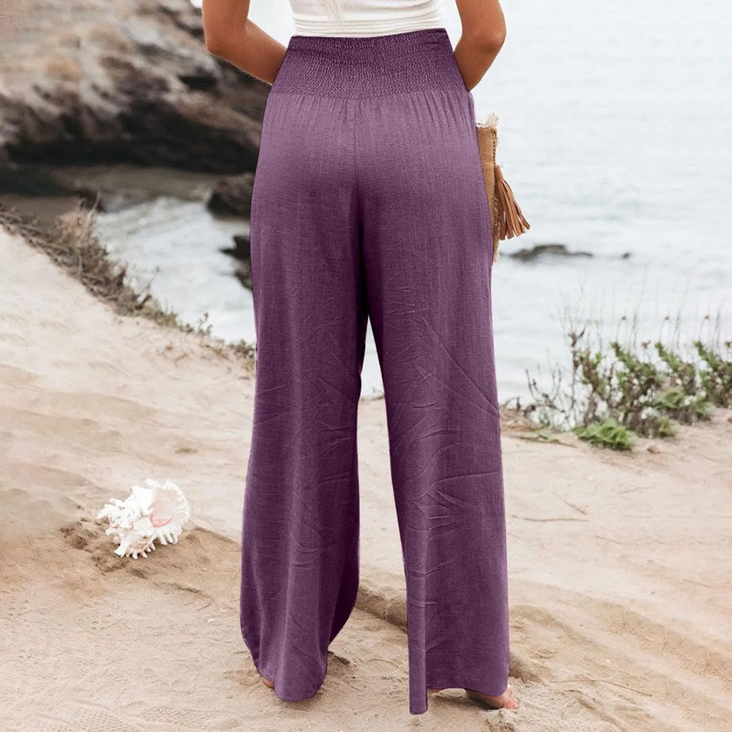 Womens Wide Leg Palazzo Pants Linen Pants 2024 Summer High Waisted Flowy Trousers Casual Lounge Pant with Pockets