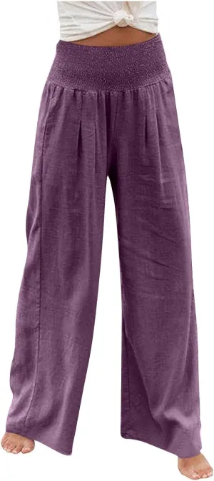 Womens Wide Leg Palazzo Pants Linen Pants 2024 Summer High Waisted Flowy Trousers Casual Lounge Pant with Pockets