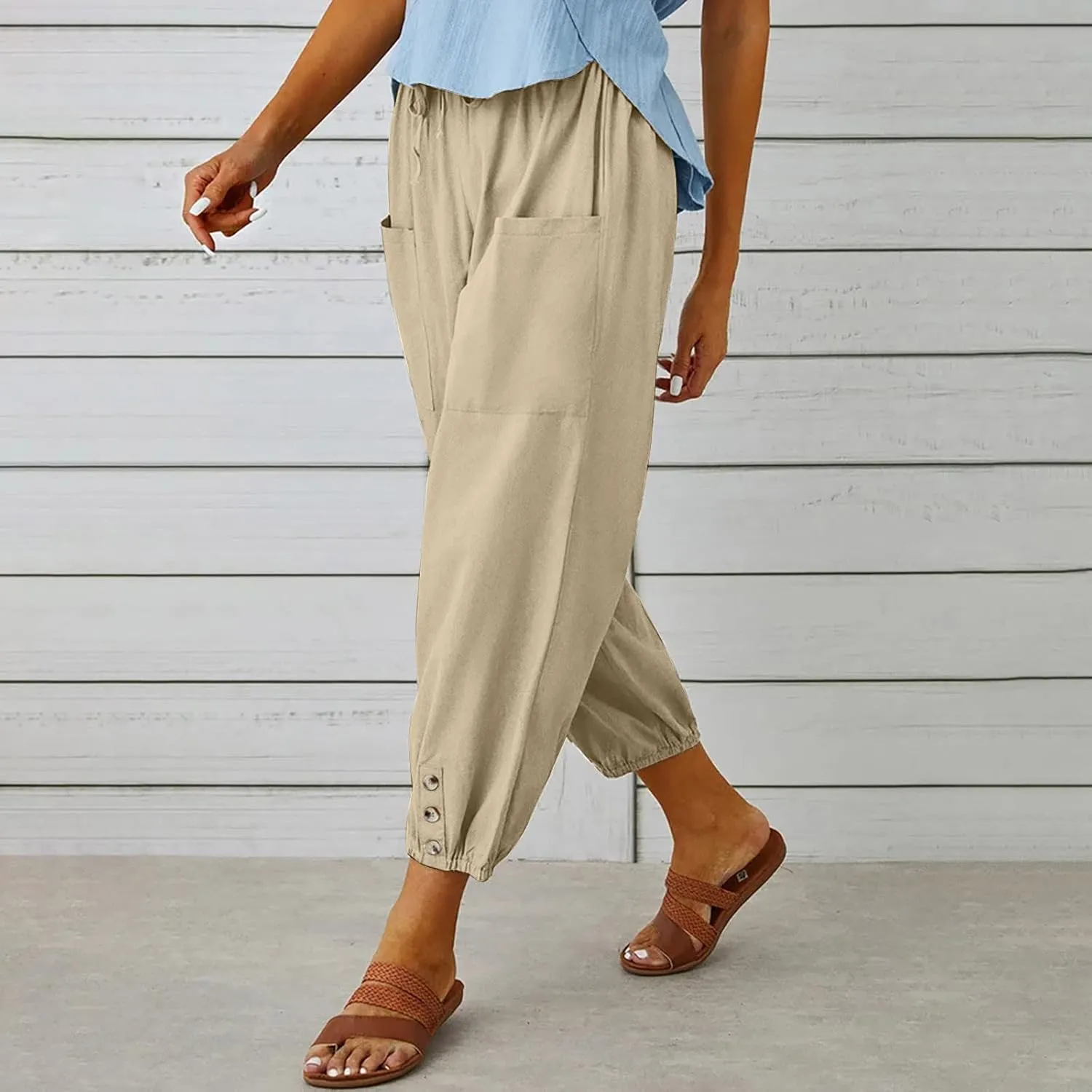 Womens Wide Leg Pants Casual Drawstring Capri Pants High Waist Cotton Linen Pants Lantern Tapered Harem Pants Slacks