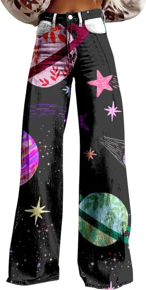 Womens Wide Leg Pants Casual Loose Color Block High Waist Button Up Stretch Lounge Trousers Vintage Streetwear Pants