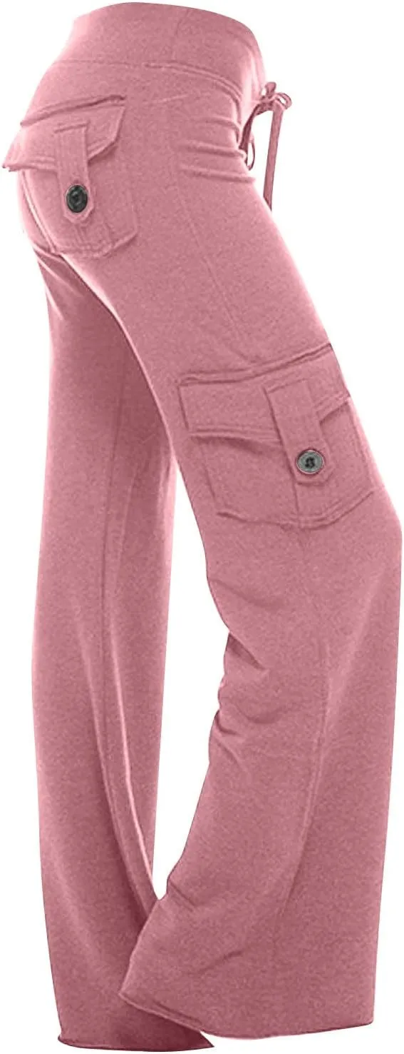 Womens Yoga Leggings Cargo Pants Stretchy Drawstring Elastic Waist Loose Trousers Side Pockets Wide Leg Yoga Leggings