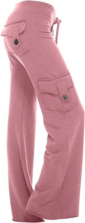 Womens Yoga Leggings Cargo Pants Stretchy Drawstring Elastic Waist Loose Trousers Side Pockets Wide Leg Yoga Leggings
