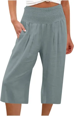 Xiaojmake Womens Linen Capri Pants Casual Cropped Pants Elastic Waist Summer Trousers 3/4 Length Sports Pants with Pockets