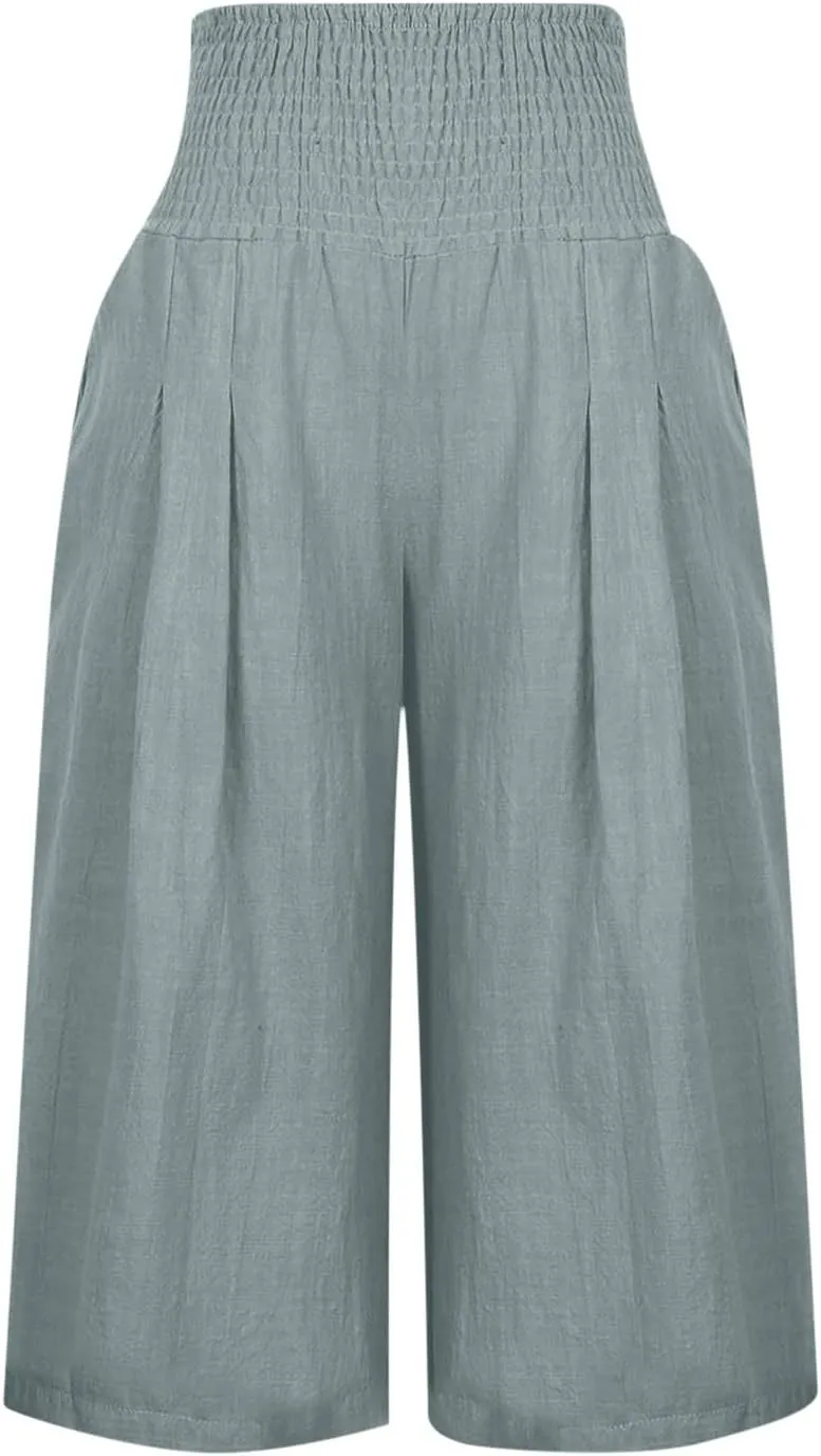 Xiaojmake Womens Linen Capri Pants Casual Cropped Pants Elastic Waist Summer Trousers 3/4 Length Sports Pants with Pockets