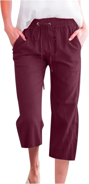 YRAETENM Capri Linen Pants for Women Summer Drawstring Elastic High Waist Lounge Pants Straight Wide Leg Cropped Trouser