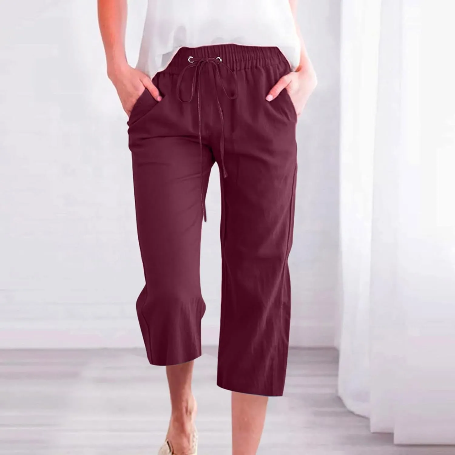 YRAETENM Capri Linen Pants for Women Summer Drawstring Elastic High Waist Lounge Pants Straight Wide Leg Cropped Trouser