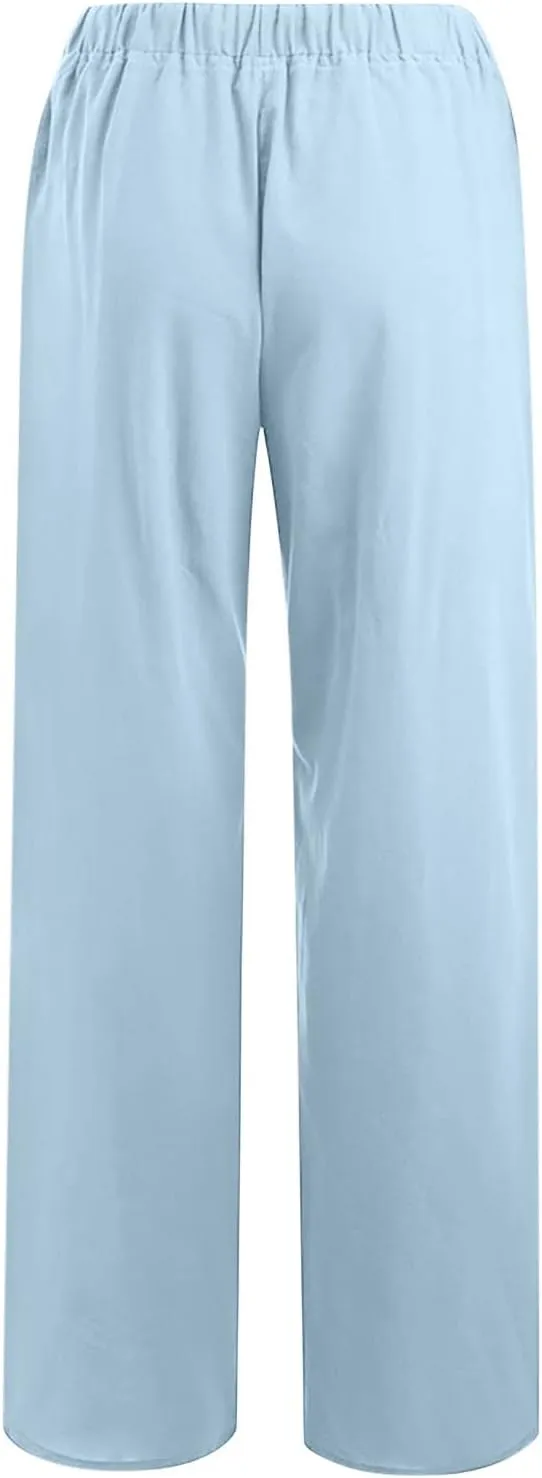 YRAETENM Casual Linen Pants for Women Wide Leg Baggy Flowy Beach Trousers Summer Elastic High Waisted Palazzo Pants