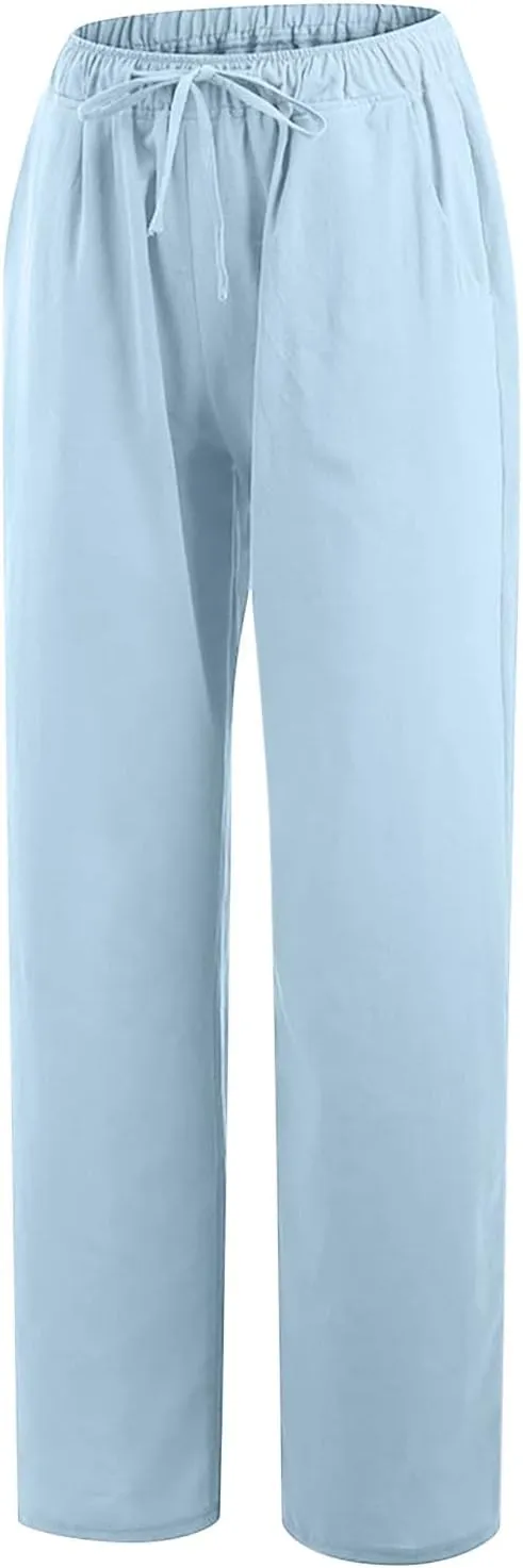 YRAETENM Casual Linen Pants for Women Wide Leg Baggy Flowy Beach Trousers Summer Elastic High Waisted Palazzo Pants