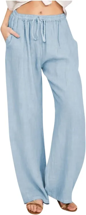 YRAETENM Casual Linen Pants for Women Wide Leg Baggy Flowy Beach Trousers Summer Elastic High Waisted Palazzo Pants